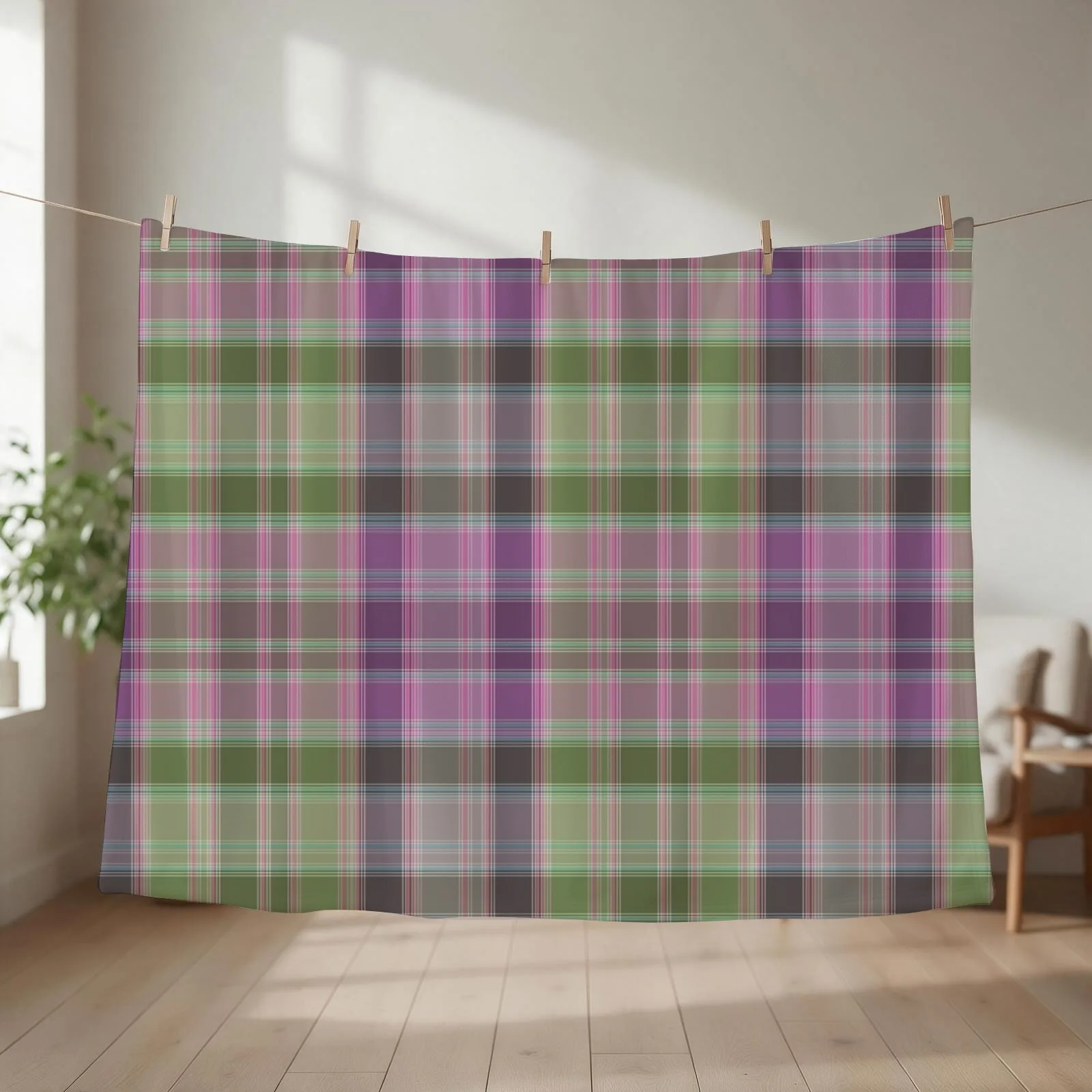 Green and lilac tartan plaid. Throw Blanket couch cozy soft plush fuzzy picnic outdoor blanket