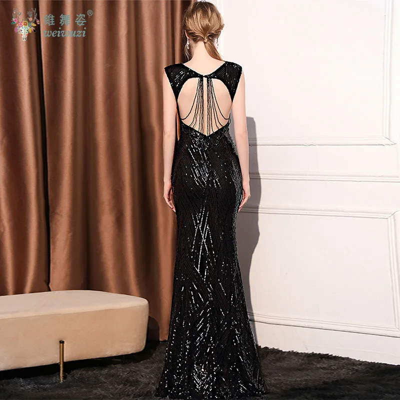 Adecuado para banquete Formal de alta gama estilo socialité temperamento lentejuelas escote en V profundo elegante sin espalda vestido de noche largo de cola de pez