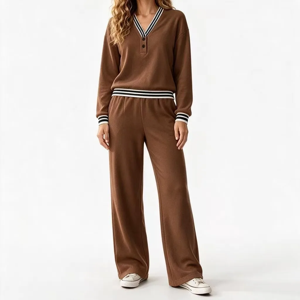 2026 Amazon Cross-Border Damen Herbst/Winter V-Ausschnitt Gestreifter Pullover und Weite Freizeit-Hose für Beine und Oberkörper – Detail 7