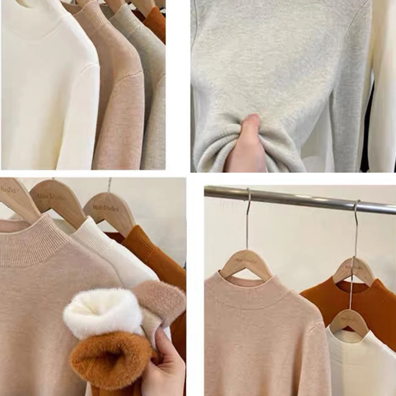 Warm Knitted Sweater Women Plus Velvet Half-Turtleneck Pullover 2024 Korean Fashion Solid Colors Long Sleeve Knitwear Top Loose