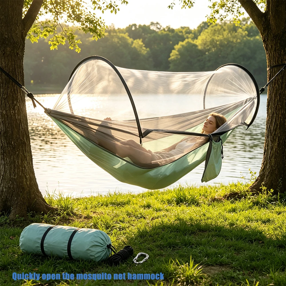 Instant Mosquito Net Hammock for Two Person Camping Nylon Fabric Swing Anti Roll Design