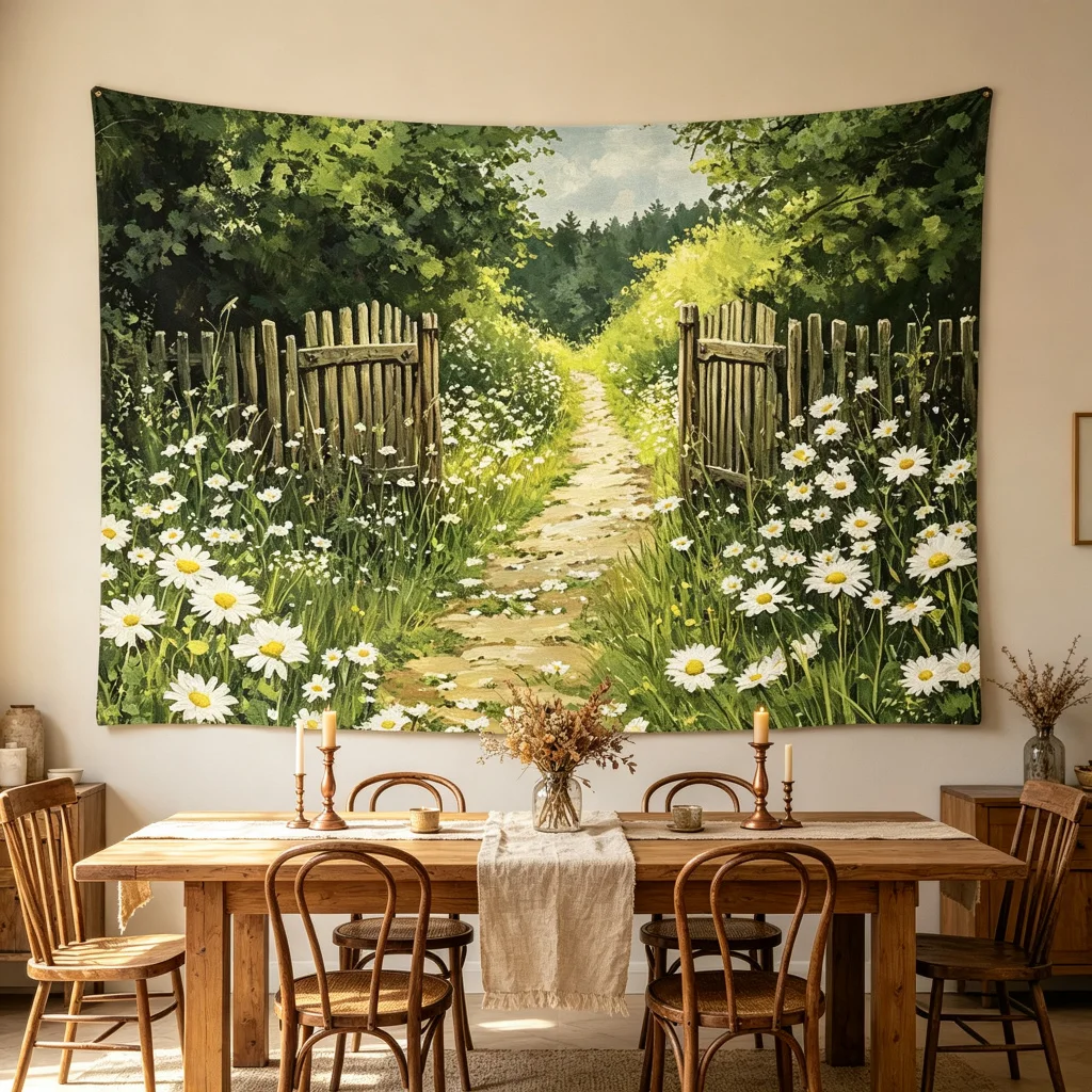 1PC Country Garden Fence Daisy Flowers Print Backdrop Banner, Other Style, Bedroom Photo Background, Polyester, Party Decoration