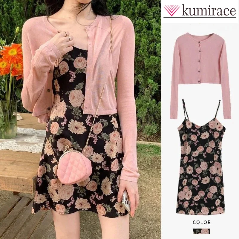 

2024 Summer New Large Women's French Floral Camisole Dress Pink Cardigan Two-piece Set Western Style Set Dress Sets