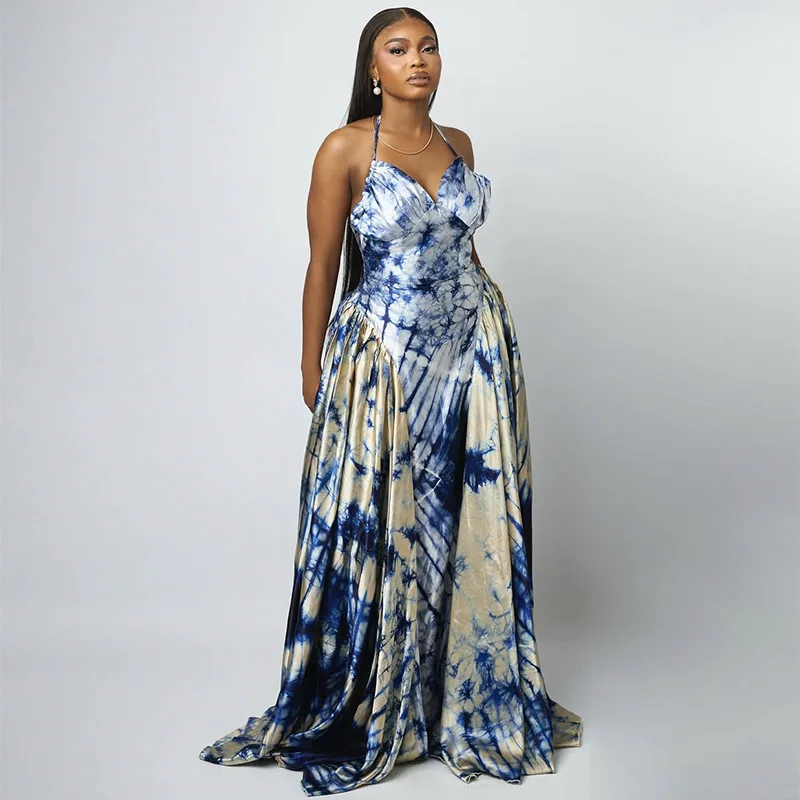 セクシーなサテン花柄プリントドレス女性のためのエレガントなヴィンテージスパゲッティストラップレースアップバックレスボヘミアンアメリカンレトロマキシドレス