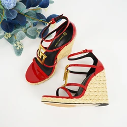 2025 New Summer Women's Hemp Rope Slope Heel Sandals Fashion Metal GJ Luxury Brand Anti slip Sexy High Heel Open toed Sandals