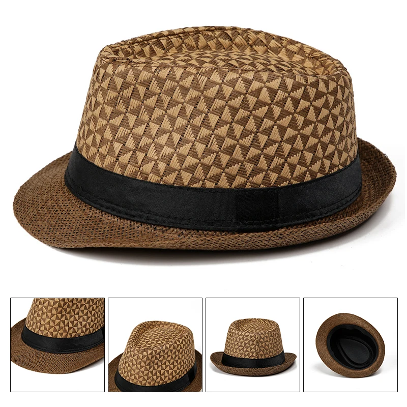 Fashion Summer Jazz Hat Beach Sunscreen Straw Hat Men Classic Panama Hat Retro Fedoras Top Hat Women Short Brim Bucket Hat