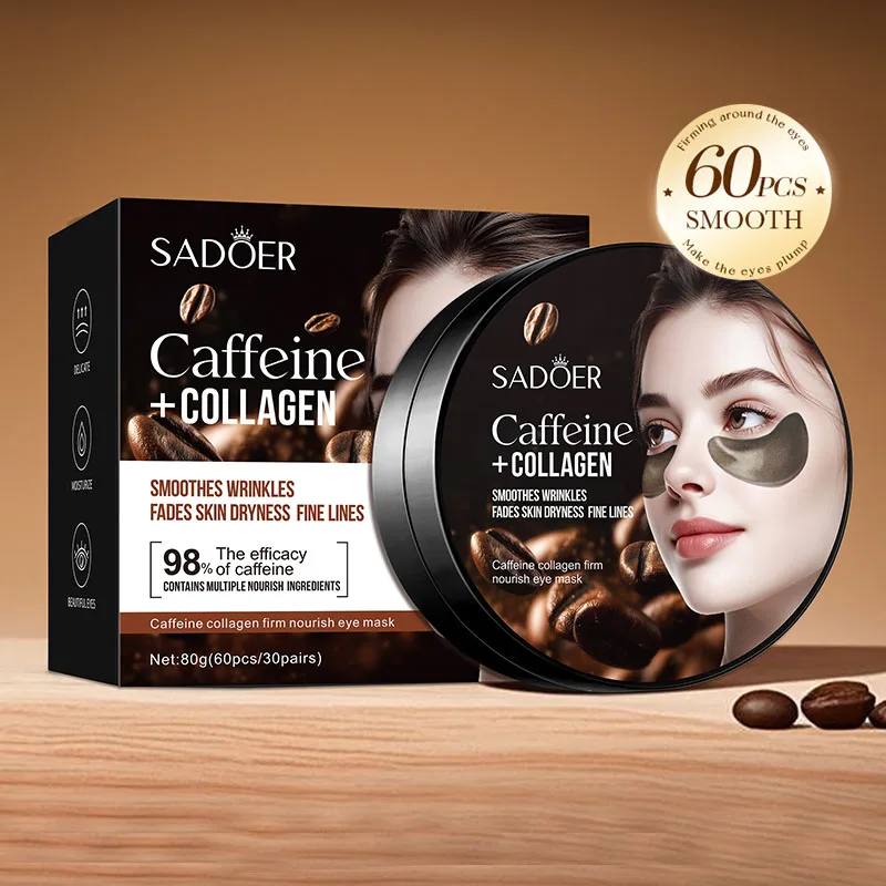 60PCS SADOER mascarilla para ojos con cafeína y colágeno, atenúa las líneas de expresión y las líneas finas, antiarrugas, reduce las ojeras, hidrata la piel del contorno de ojos