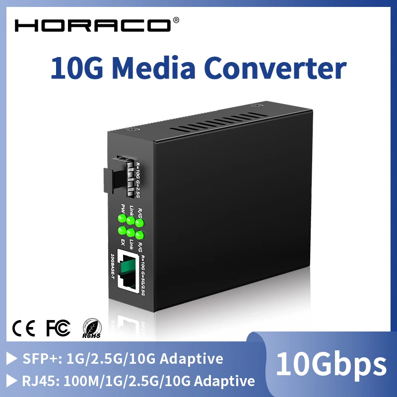 HORACO 10G SFP+ Fiber to RJ45 Media Converter RJ45 to SFP+ 10/100/1000M/2.5G/10G Ethernet Converter Transceiver