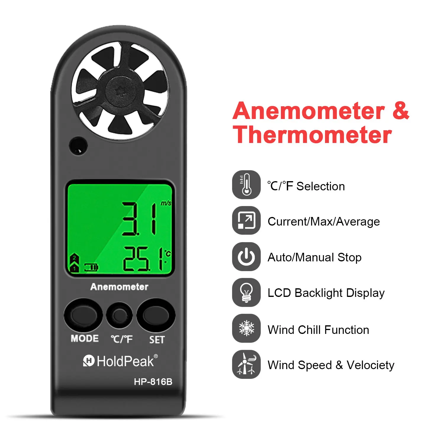 Digital Anemometer Wind Speed Meter 5 Units LCD Backlight Wind Chill Detector Auto Off Portable Outdoor Tester HoldPeak HP-816B