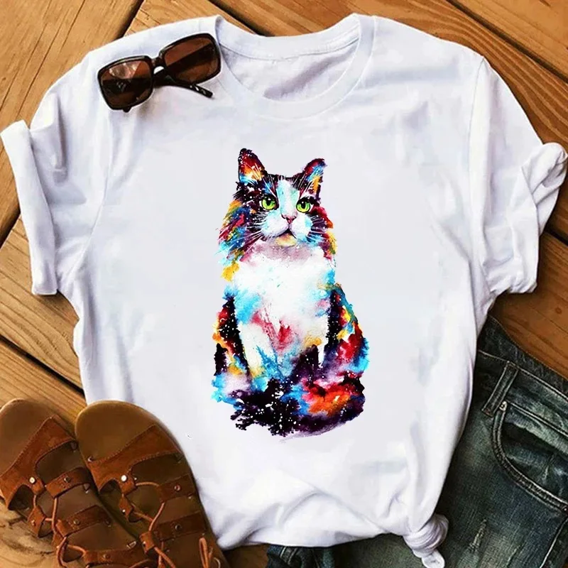 

Artistic Watercolor White Short Sleeve Colorful Galaxy Fur Cat Casual Fashion T-shirt Women's Daily Loose Fit Base Layer Tops