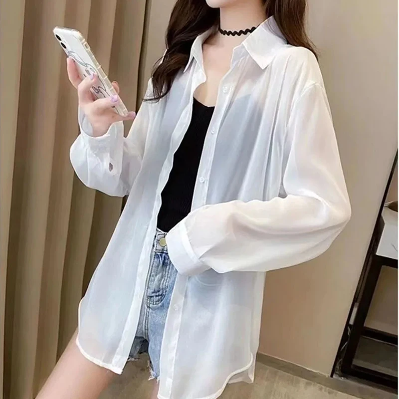 White Chiffon Sun Proof Blouse Women Fashion Loose Long Sleeve Casual Thin Shirt Simple Solid Summer All Match Elegant Tops