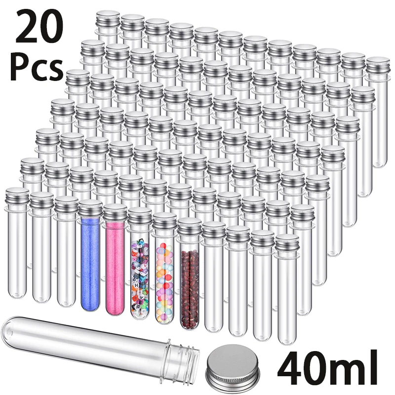 20Pcs 40ml Clear Test Tubes with Caps 140 x 23mm Plastic Storage Tubes for Gumball Plants Spices Candy Scientific Experiments