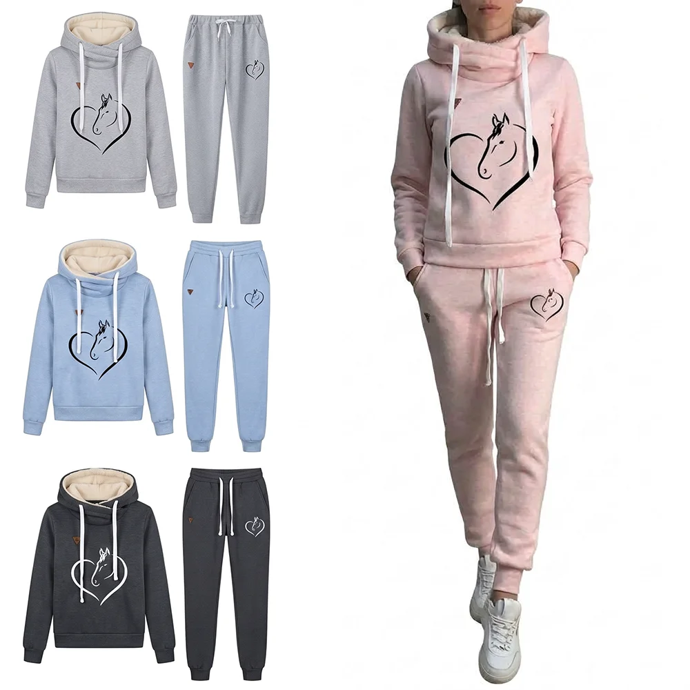 Autumn Winter Women Tracksuit 2 Piece Set Fleece Warm Heart Horse Print Hooded Sweatshirt and Sweatpants Casual Sportswear Joggi