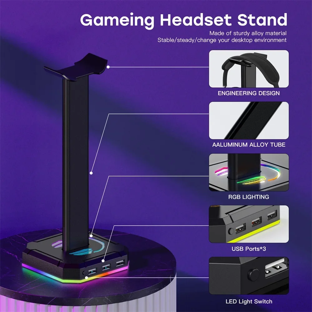 Headset Support Stand Space Saving Desktop Organizer Vertical Bracket Hanger RGB Backlight Headphone Stand Holder Rack