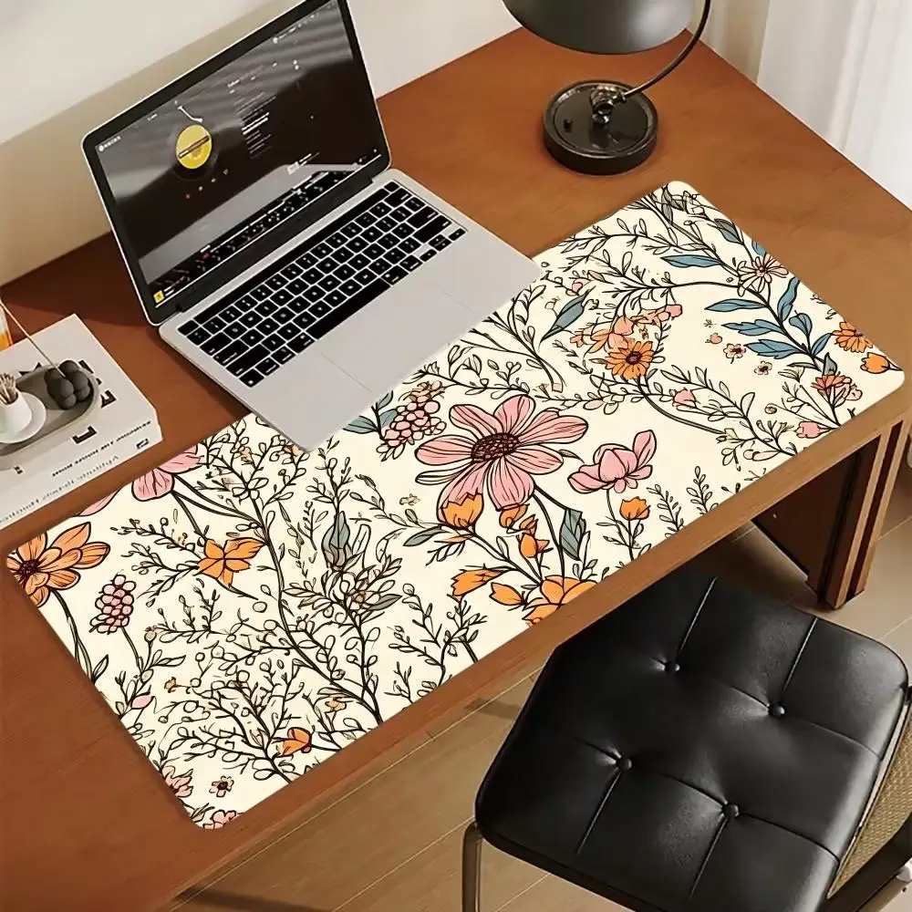 Floral Botanical Pattern Extended Mouse Pad Non Slip Rubber Desk Mat For Gaming Laptop Keyboard And Home Office Workstation