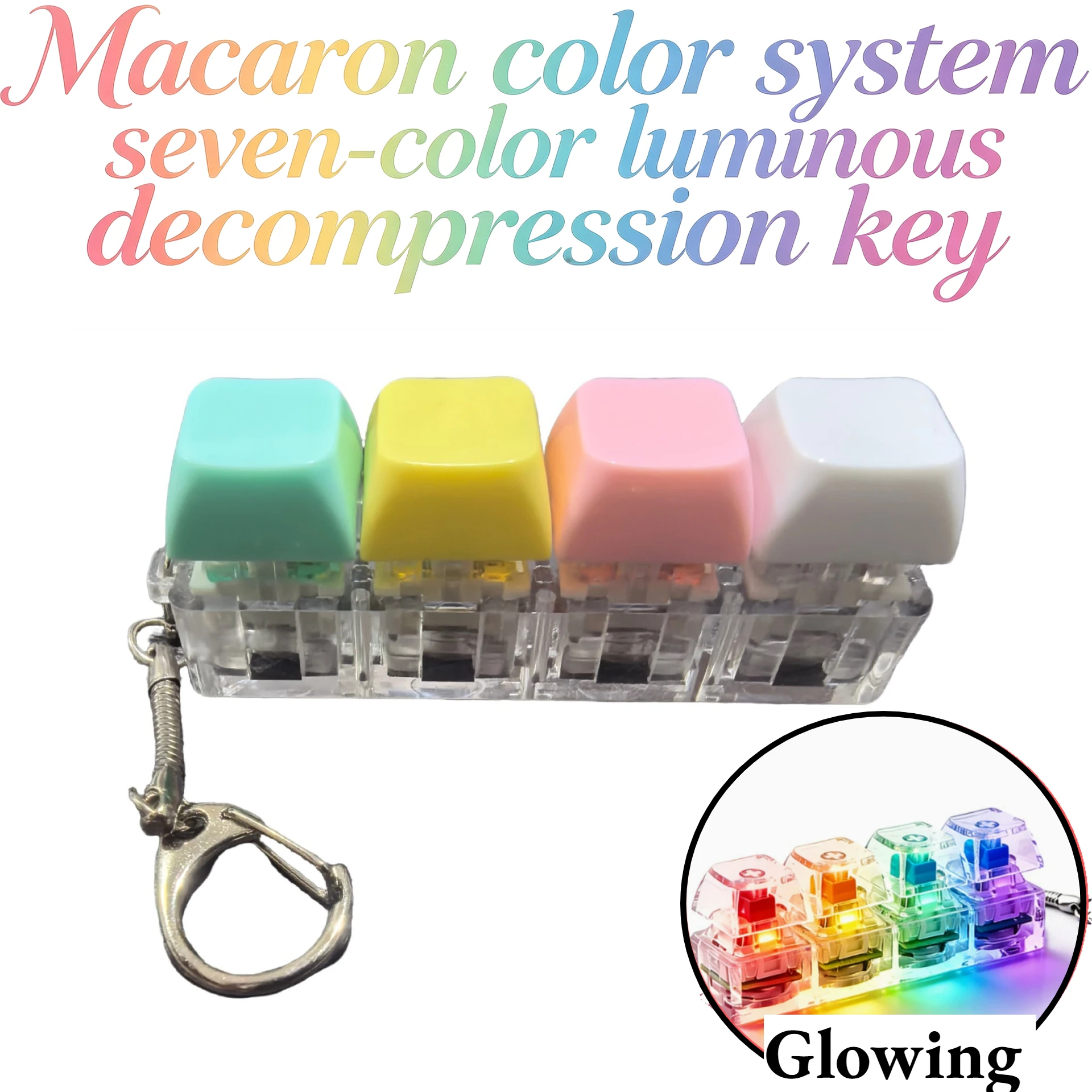 Colorful LED Light Up Keyboard Key Fidget Toy, 4-Key Clicker Stress Relief Keychain, Mechanical Sound Decompression Pendant