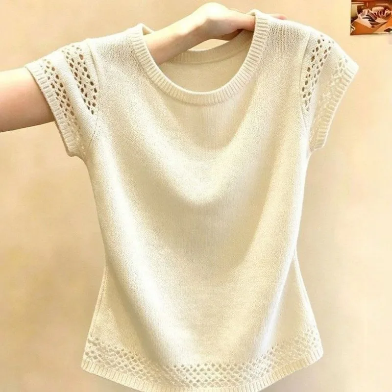 Women Clothing Summer Korean Fashion Loose Hollow Out Solid Color O-neck Female Temperament Ice Shreds Appear Thin Slim Top Tee