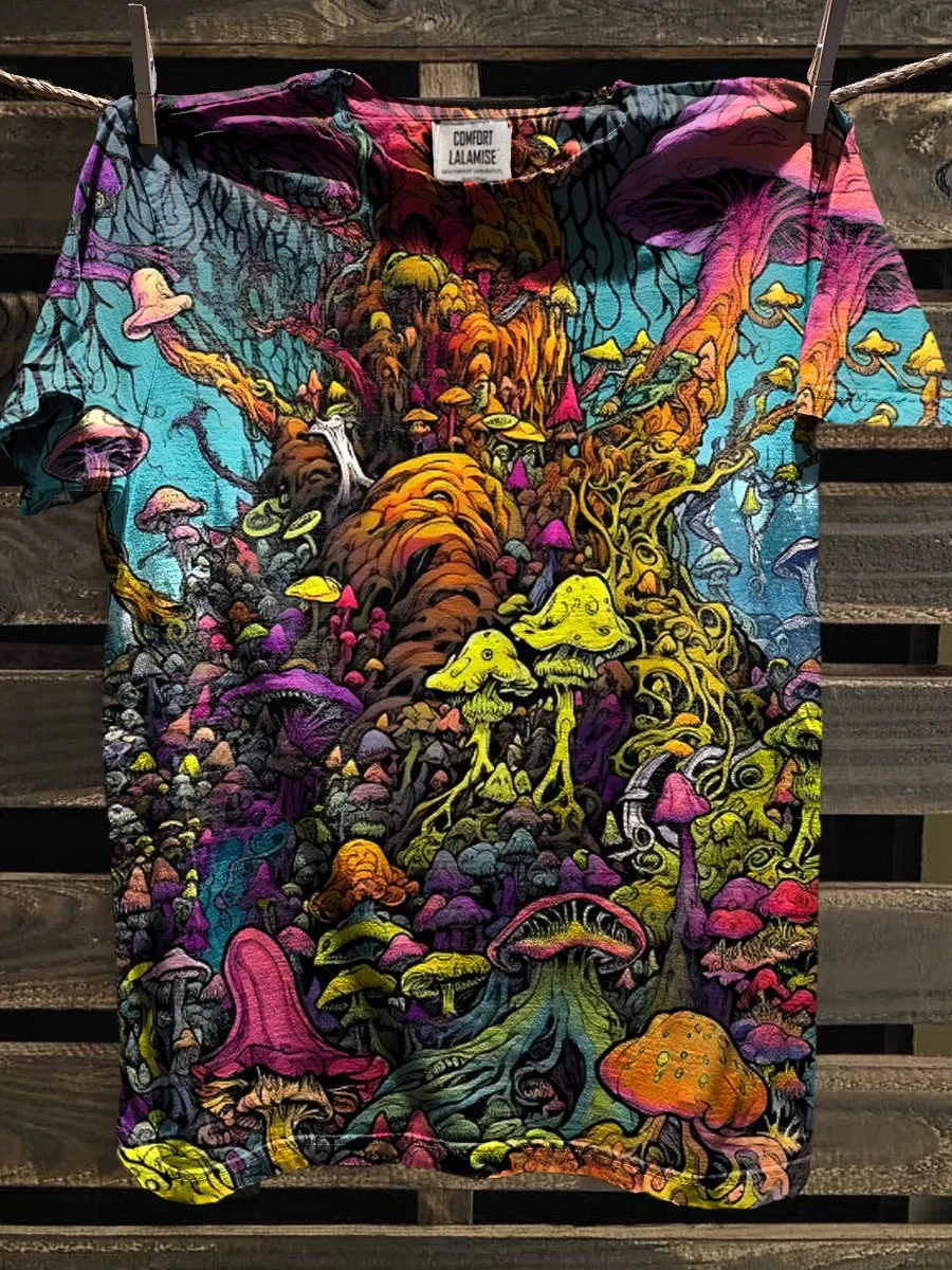 Psychedelic Mushroom Art Print Casual Short Sleeve T-Shirt Summer Top for Men Women Summer Fashion Streetwear