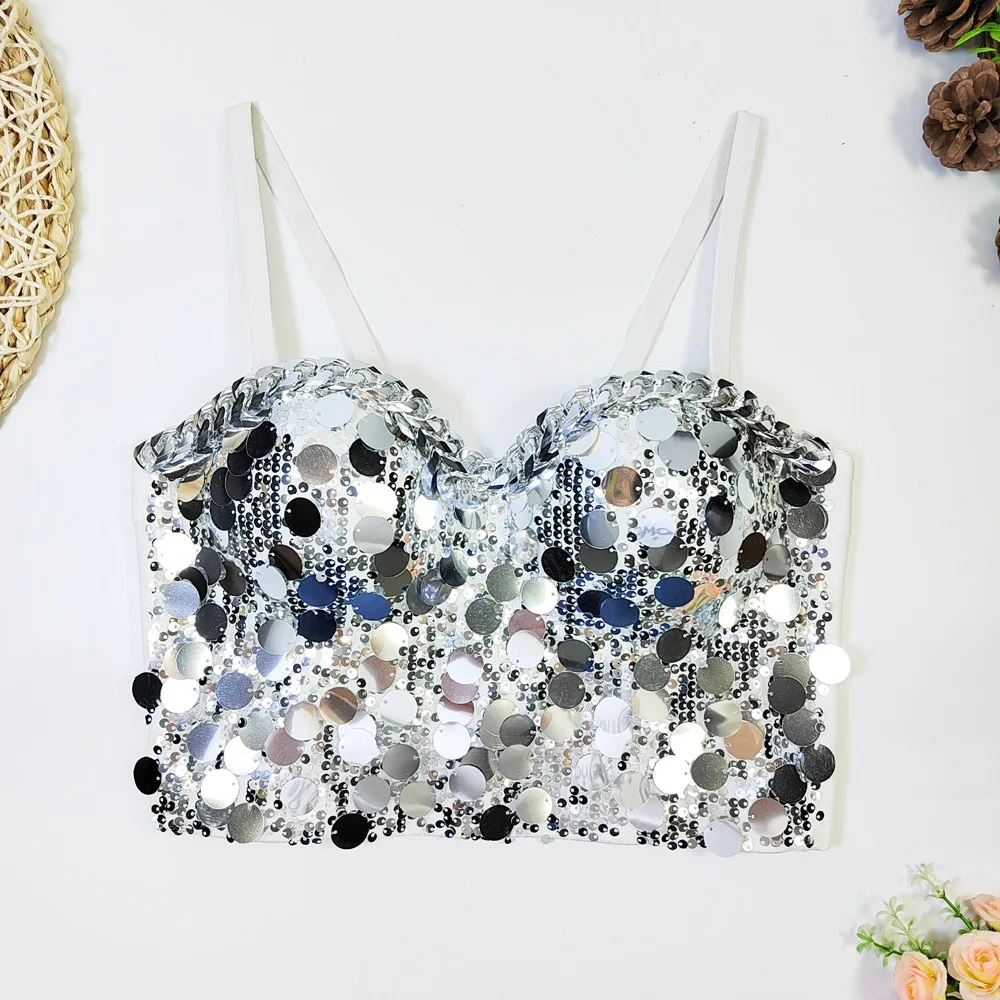 Irene Tinnie 2024 New Fashion White Sequins Tassel Bralet Women Bustier Bra Wedding Party Night Club Corset Cropped Top Vest