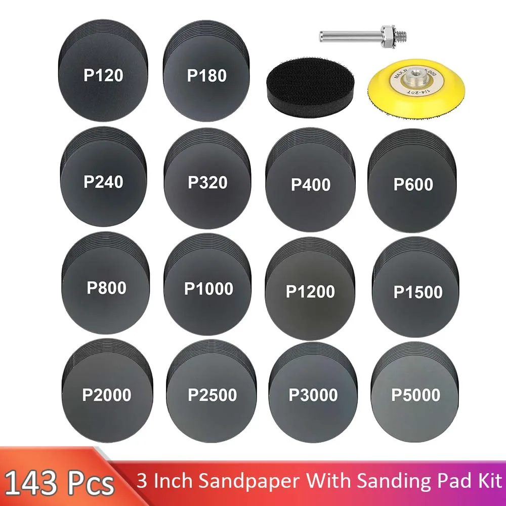 

143Pcs 3 Inch Wet Dry Sanding Discs Assorted 120 to 5000 Grit Silicon Carbide Hook & Loop Sandpaper for Wood Metal Car Polishing