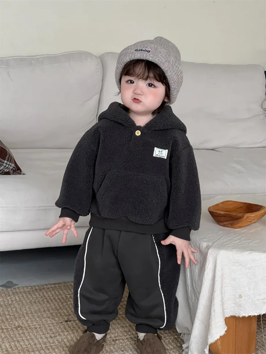 2025 Winter Nieuwe Baby Jongens Plus Fluwelen Dikke Capuchon + Casual Broek Fleece 2 Stuks Pak Baby Peuter Warme kleding Set