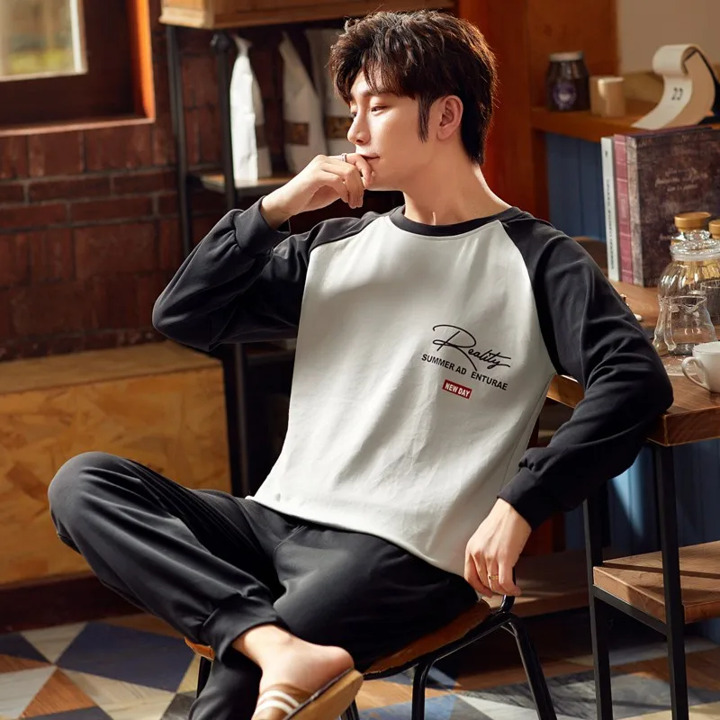 Men Pajama Sets Cotton Pijama O Collar Sleepwear Long Sleeve Spring Autumn Nightwear Male 2 Pieces Sets Home Wear