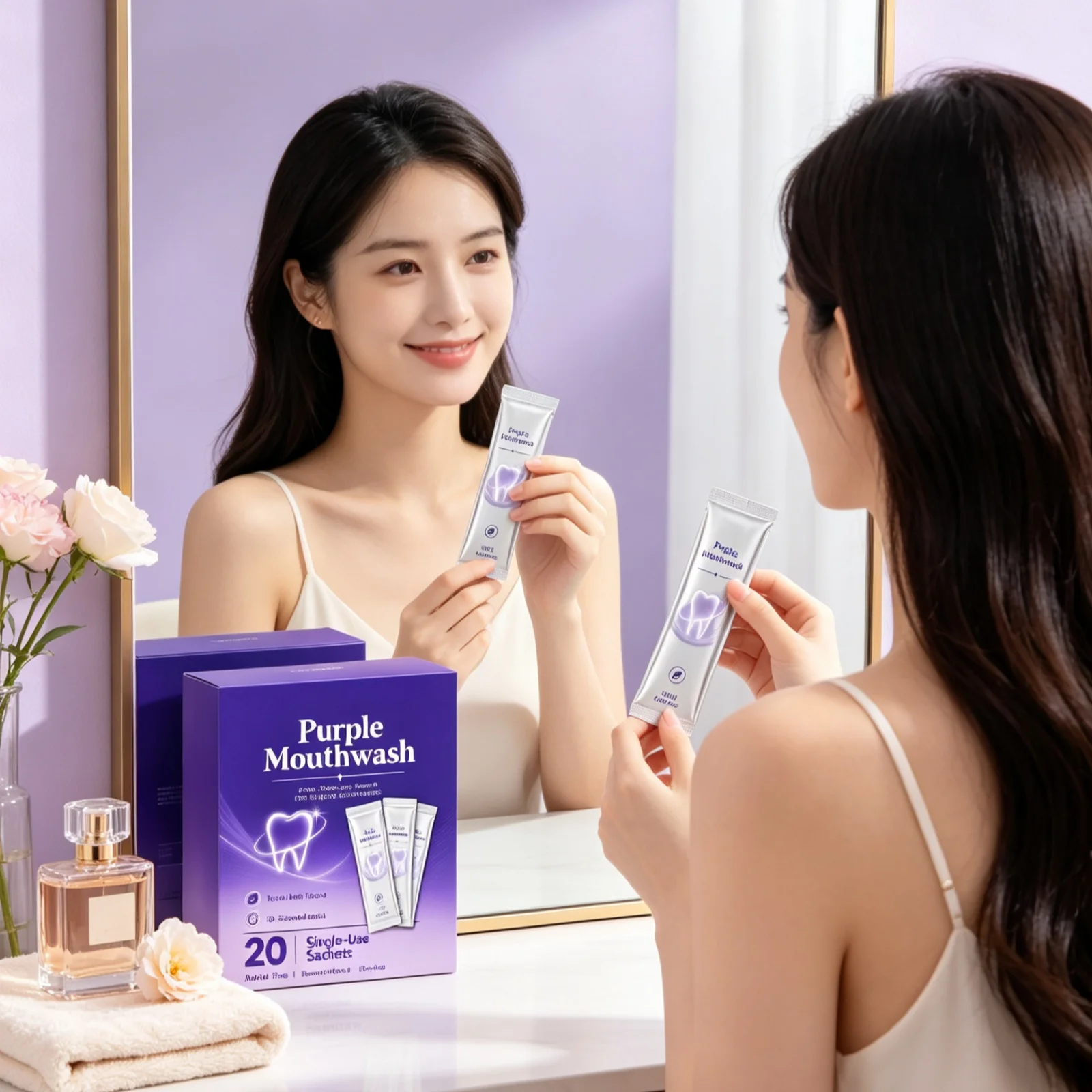 Purple Teeth Whitening Mouthwash Breath Freshness Eliminate Oral Odor Clean Food Debris Single‑use Sachets Oral Care Mouthwash