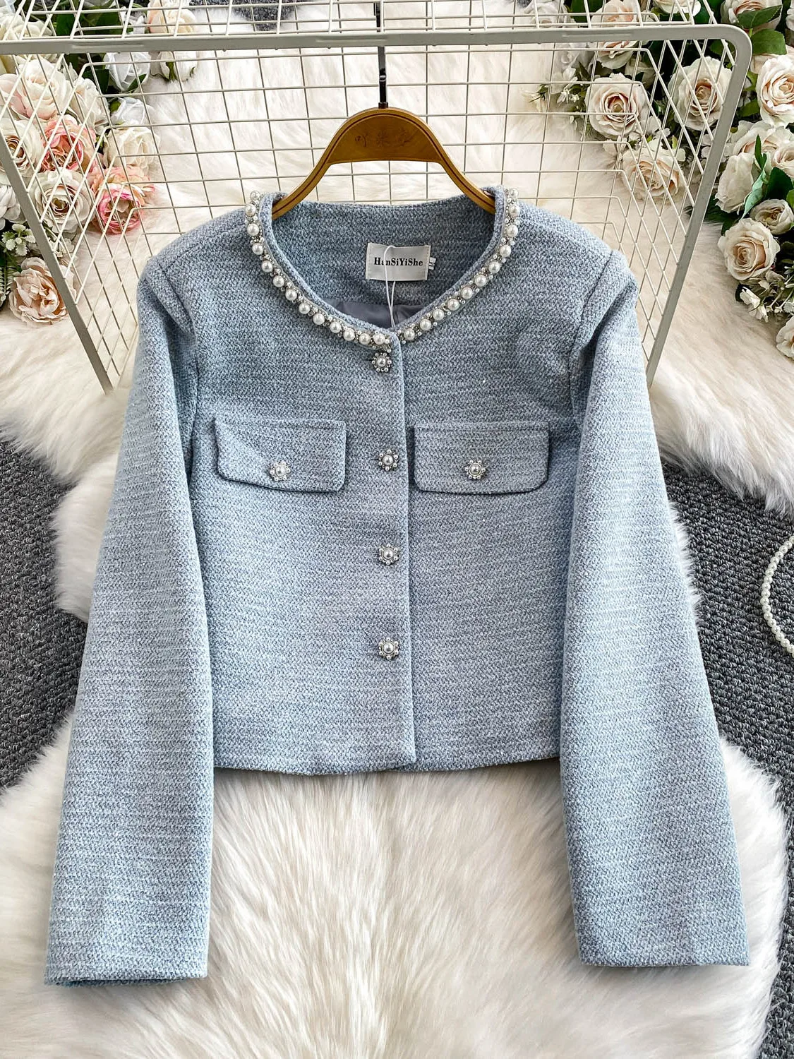 ملابس خارجية نسائية دائرية بأزرار ترتر من iny ملابس خارجية شتوية من الصوف سترة لطيفة ومشرقة #2