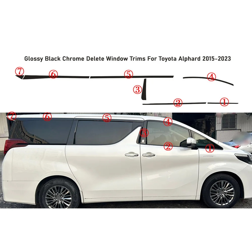 For Toyota Alphard 2015-2023 Exterior Window Decoration Sticker Glossy Black Chrome Delete Protective Film