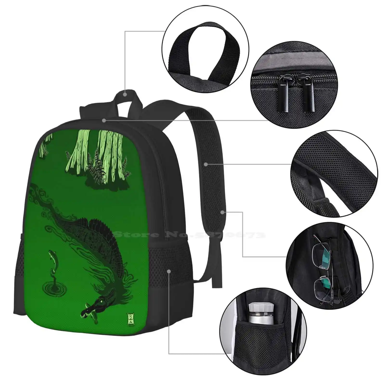 Swamp Dragon Bag Backpack For Men Women Girls Teenage Dinosaur Green Ichthyovenator Dragon Fish Swamp Cypress Cretaceous Retro