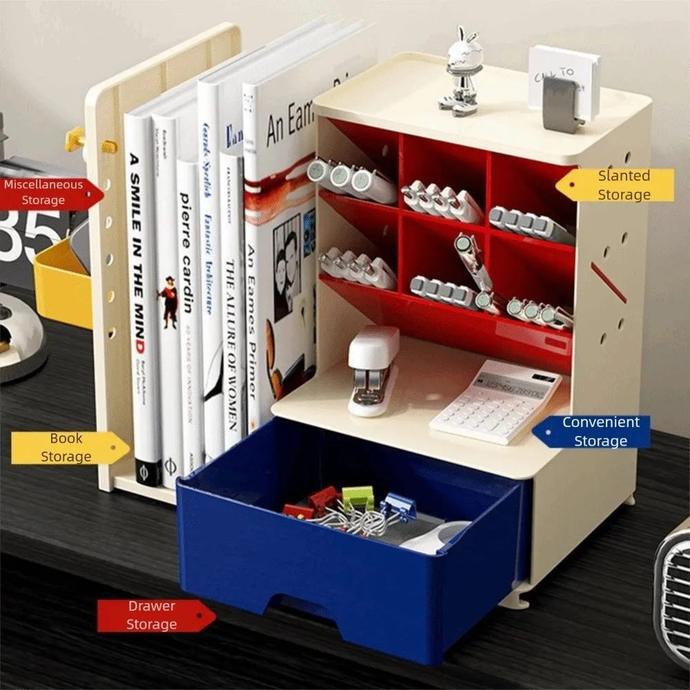 Portapenne da tavolo dal design obliquo Fermalibri retrattile di grande capacità con cassetti Organizzatore da scrivania con bordo perforato salvaspazio