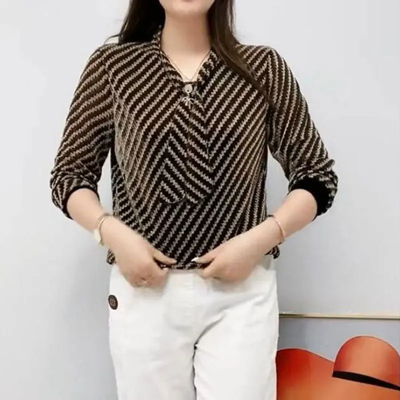 Commute Striped Spliced Blouse Fashion Bright Silk Spring Autumn New Long Sleeve Women\'s Clothing Elegant V-Neck Bandage Shirt