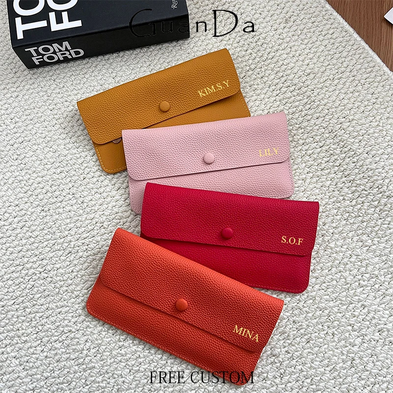 Luxury Fashion Long Wallet Custom Name Genuine Leather Woman Simple Card Holder Envelope Business Casual Coin Purse Phone Purse