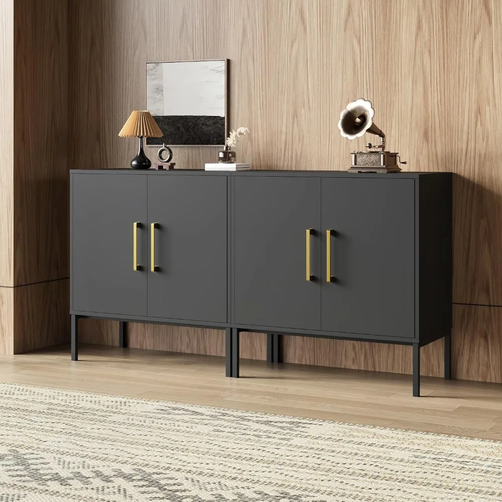 Lemari Penyimpanan dengan Pintu, Set Isi 3, Lemari Prasmanan Modern dengan Penyimpanan, Prasmanan Bufet Dapur, Kabinet Aksen Kayu Hitam f