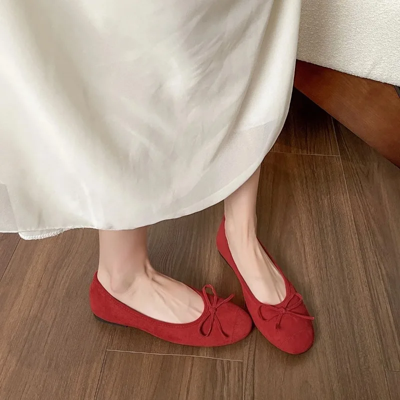 

Elegant Women's Suede Bow Ballet Flats, Round Toe Soft Sole Ballerina Shoes, French Style Casual Footwear for Women