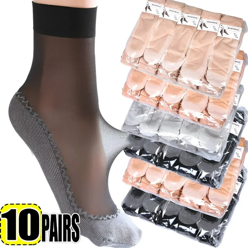 1/10pairs Silk Velvet Ankle Short Sox Elastic Lace Socks Women Transparent Ultrathin Female Mesh Non-Slip Bottom Splice Sock