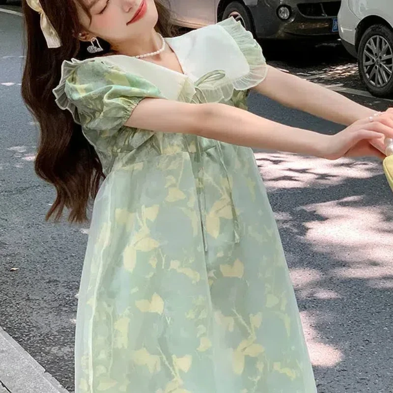 2024 Summer New Women\'s Korean Commute Printed Spliced Peter Pan Collar Drawstring Loose Short Sleeve Sweet Chic A-line Dresses