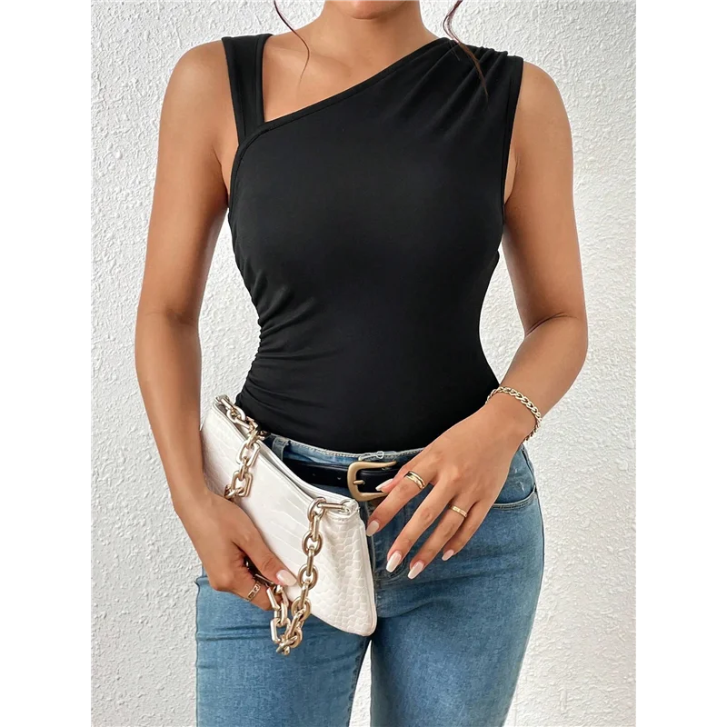 

ASDS-Womens 2025 Summer Y2K Tops Sleeveless One Shoulder Slim Fit Shirts Ruched Knit Asymmetrical Top Blouse
