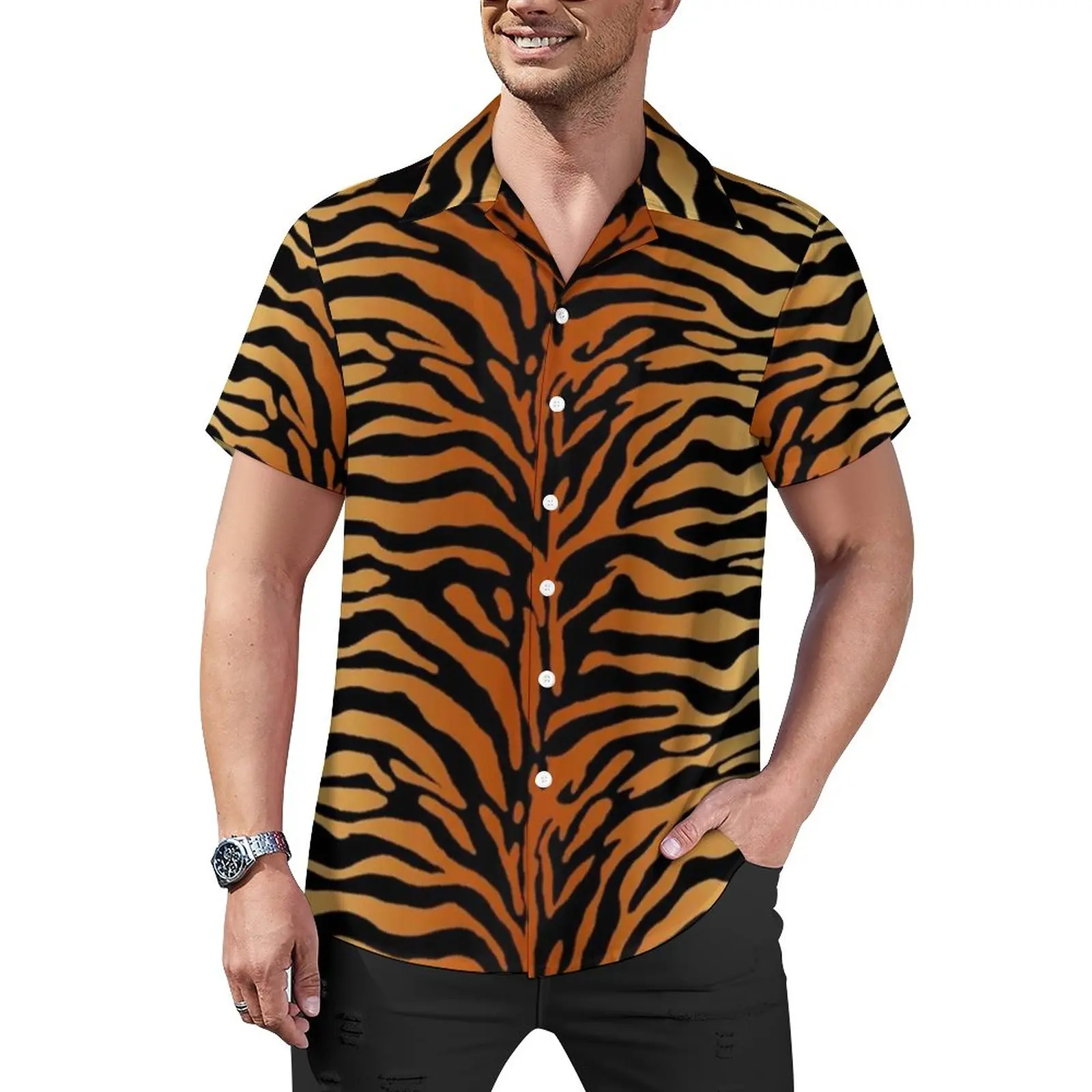 

Tiger Print Blouses Men Animal Stripes Casual Shirts Hawaiian Short Sleeve Graphic Funny Oversized Beach Shirt Birthday Present