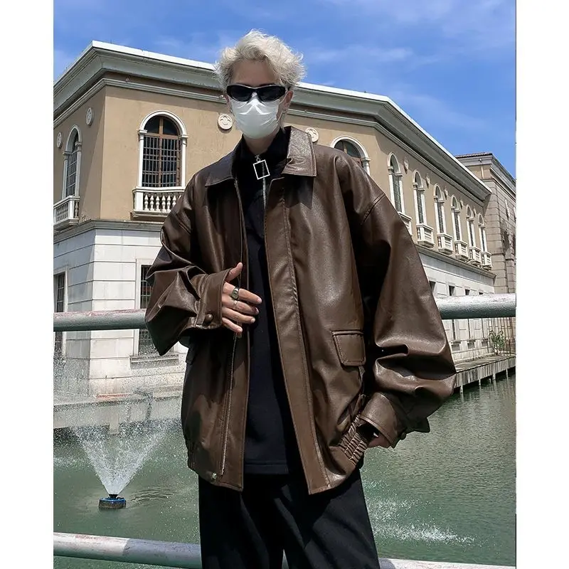 

Мужская куртка из искусственной кожи Pure Color, свободного кроя, в стиле ретро, американский стиль, весна-осень, мотоциклетная, модная, с принтом, из искусственной кожи