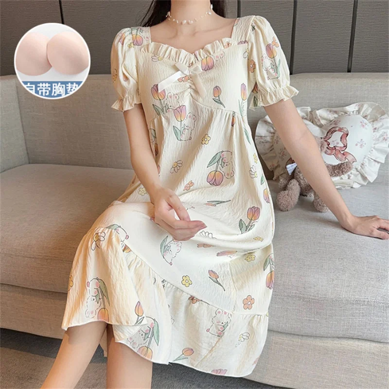 Women\'s Pajamas Dress New Printed Short Sleeve Chest Pad Cotton Nightdress Casual Summer Nightgowns For Women Sleeping Wear