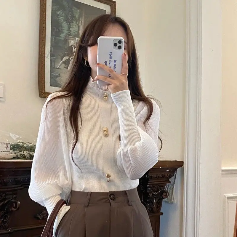 

Кружевной свитер с высоким воротником и длинными рукавами для женщин, осень 2022, новый французский облегающий шикарный модный топ