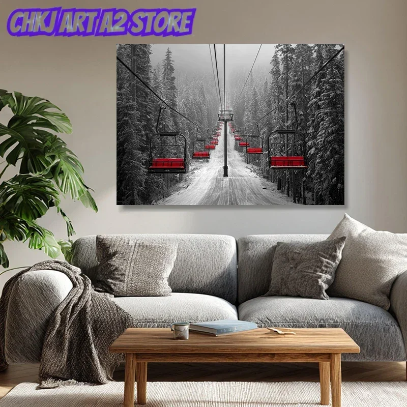 Ski Lift in Snowy Forest Winter Landscape Poster and Prints Canvas Painting Wall Art Pictures Home Decor Cuadros