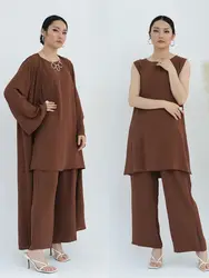 Eid Dubai Plain 3 Piece Abaya Set Tops Pants Modest Muslim Sets Abayas For Women Robe Caftan Marocain Femme Musulmane Kaftan