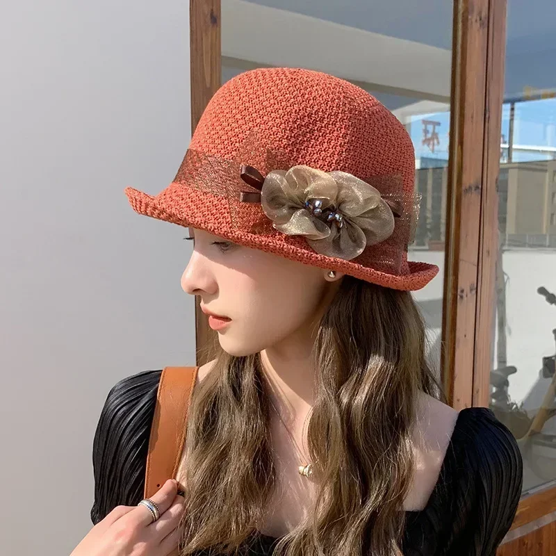 Fashion Elegant Version Women Summer New Knitted Breathable Flower Fisherman Hat Sunshade Sunscreen Curly Edge Short-brimmed Hat