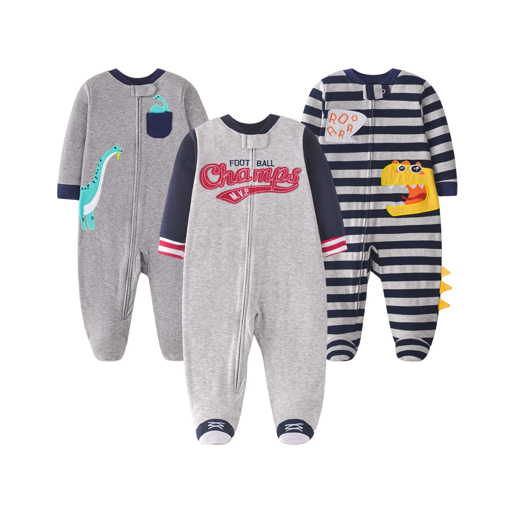 Infant Boys Double Sided Cotton Footed Romper Striped Cartoon Letter Embroidery Zipper Onesie All Seasons 3-12M Baby Clothes