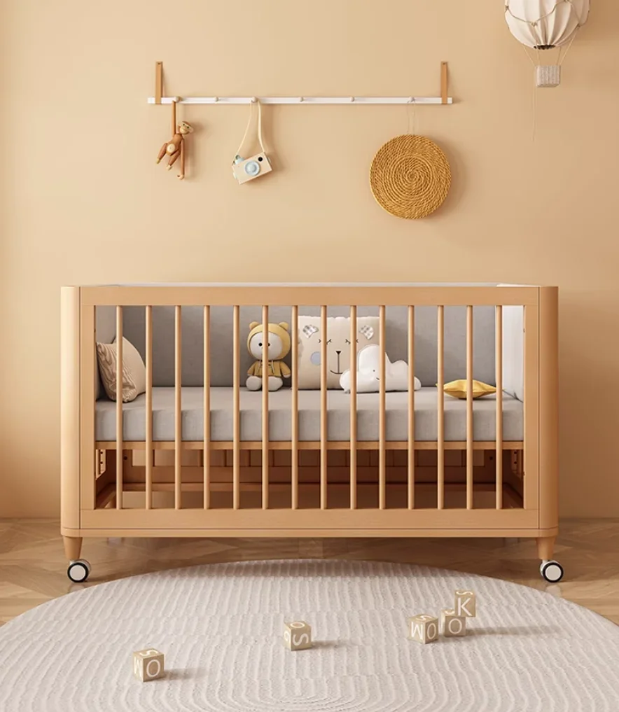 Movable solid wood male and female baby crib splice bed extra wide bed with guardrail small bed