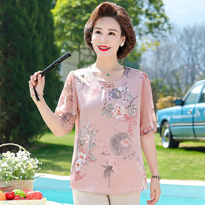 Elegant Women Blouses Tops Women\'s Summer Short sleeve Casual Print Simple Loose Round Neck Imitation silk Button Shirt