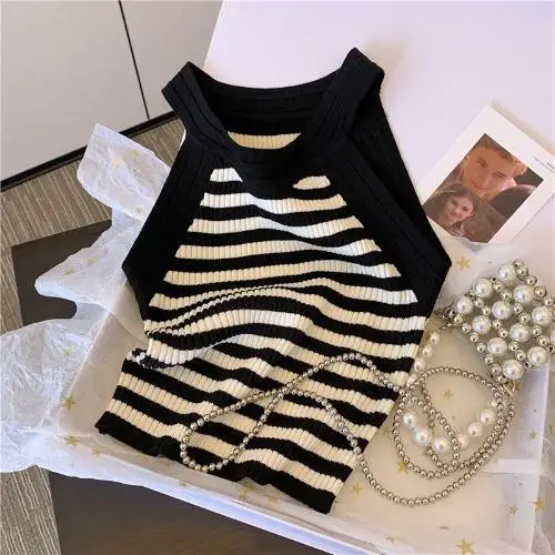 Pure Lust Vintage Striped Knit Vest Women Wear Summer Slim Base Layer Top Sweet Babes Sleeveless Top