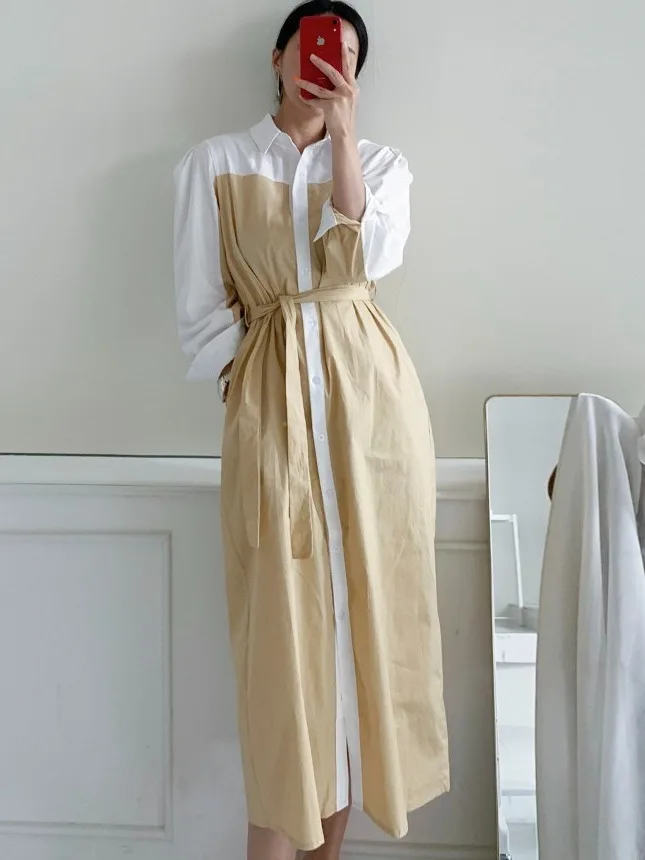 Chic retrò colletto rovesciato bottone singolo colore sangue design cintura in vita bolla Sve Dr Faion da donna per pendolari Sle